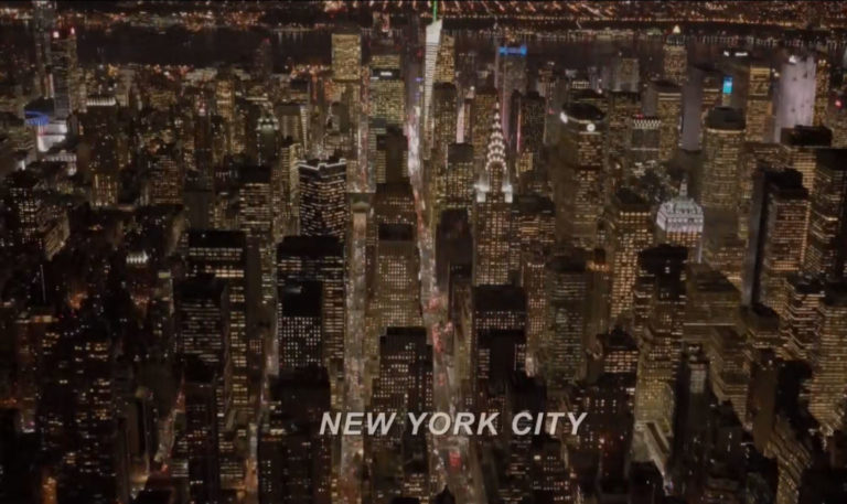 Nighttime aerial view of New York City