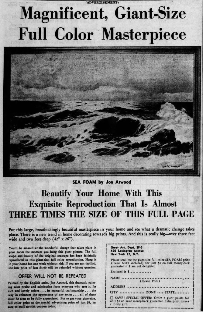 Newspaper ad with "Sea Foam" by Jon Atwood