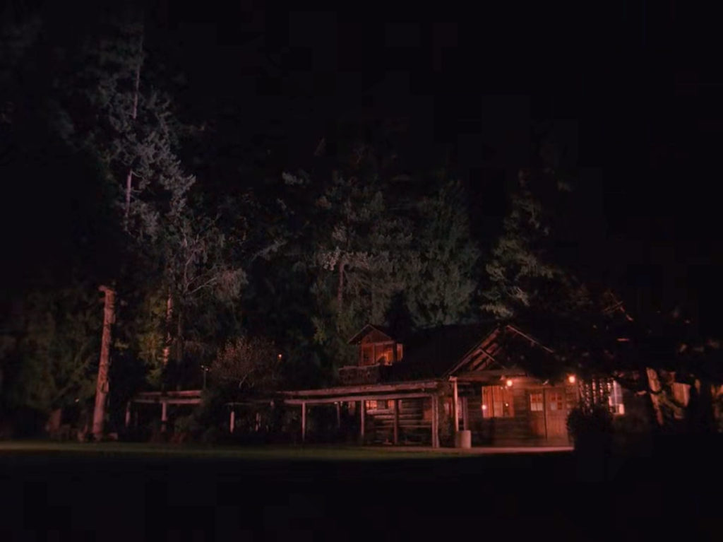 Wooden lodge at night under illuminated trees