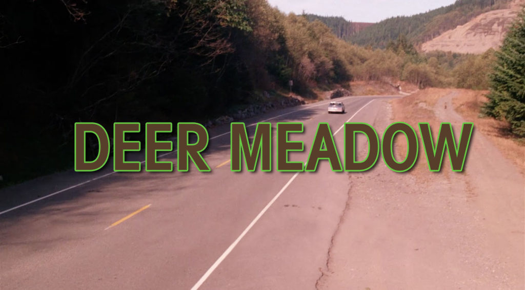 Deer Meadow words in green and brown floating mid-screen over a road