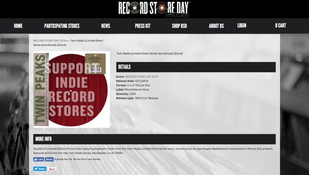 Record Store Day Website with image of Twin Peaks album