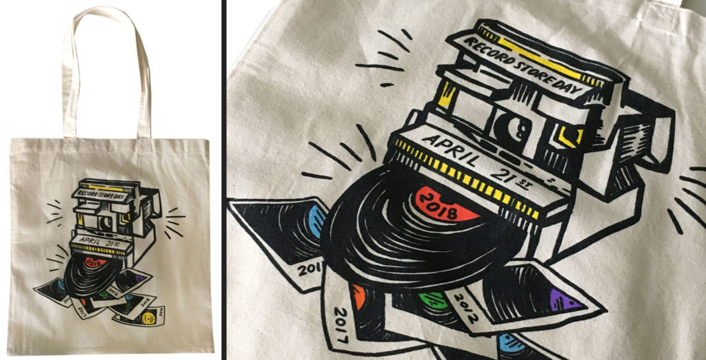 Record Store Day Tote Bag with a drawing of a Polaroid instant camera printing vinyl albums