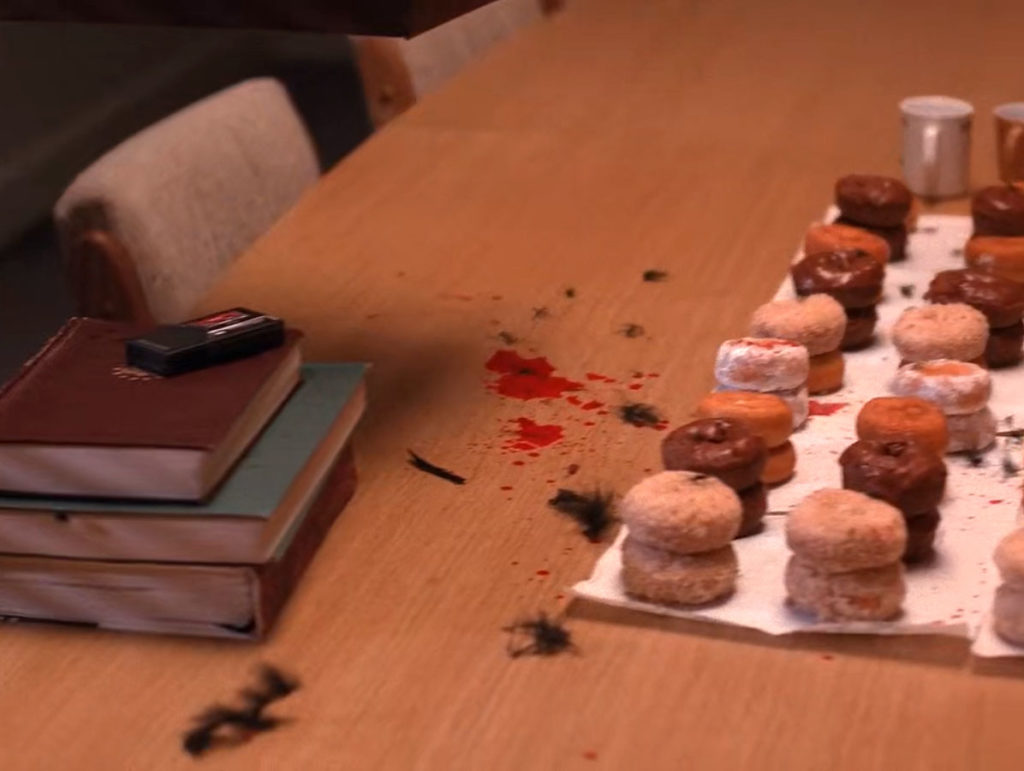 Blood covered doughnuts on a table