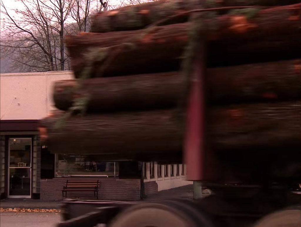Logging truck passing Double R Diner