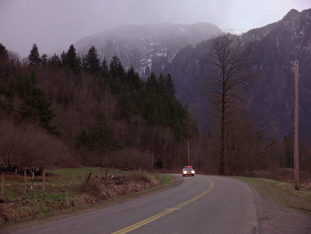 Sheriff's car driving along a road lined by trees with mountains in the distance.