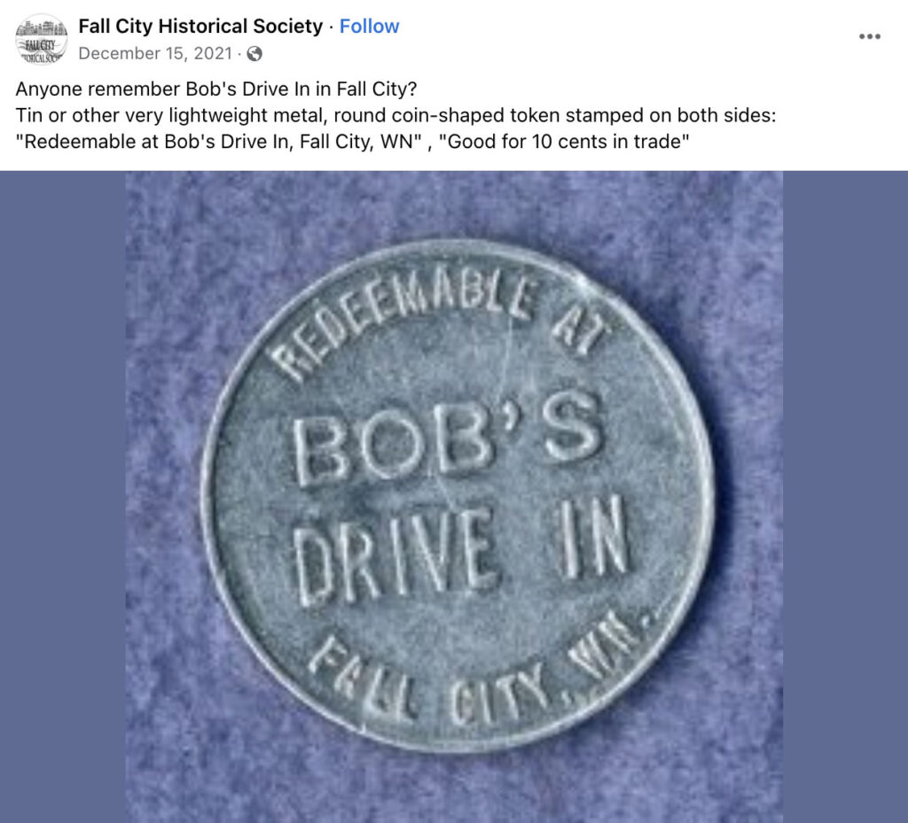 Facebook post with a metal round coin-shaped token from Bob's Drive In
