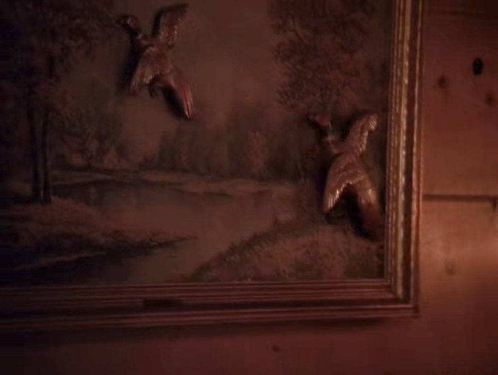 Framed artwork by B.D. Hartwell with two male, ring-necked pheasants