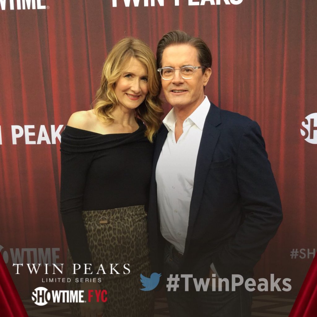 Laura Dern and Kyle MacLachlan standing on the red carpet at the Showtime FYC Emmy 2018 Event for Twin Peaks