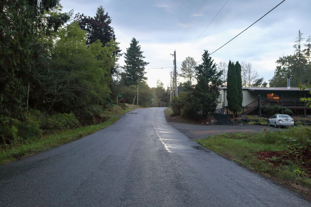 Road lined with trees and a home with a car parked out front