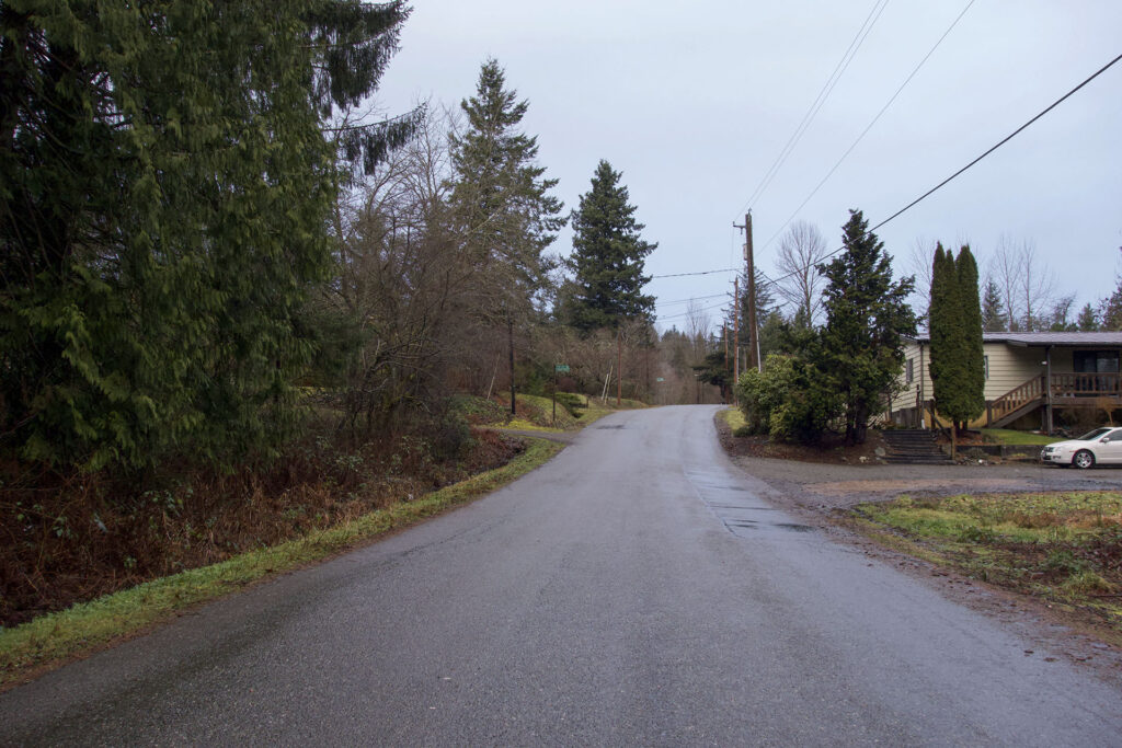 Road with trees and a home with a car parked out front along the right side.