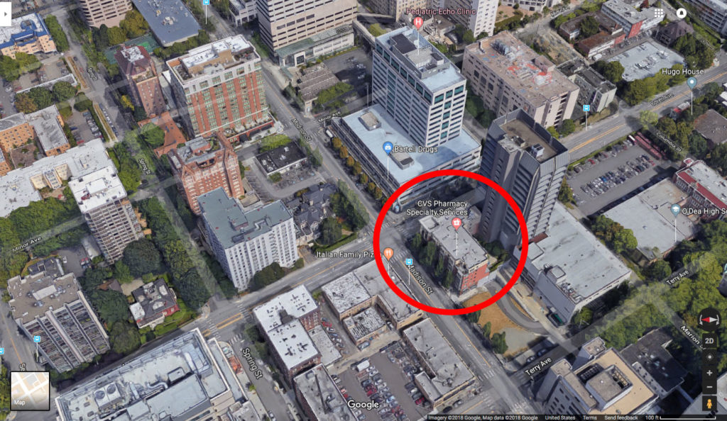 Google Maps Aerial View of St. Cabrini Hotel location in downtown Seattle, WA