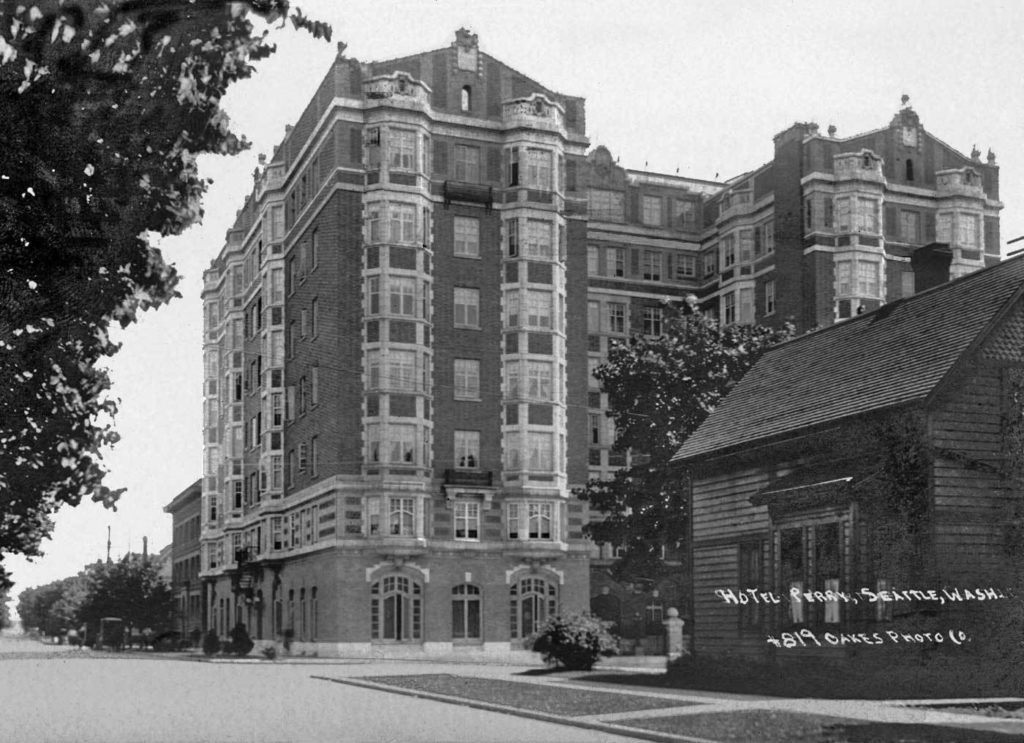 Black and white photo of the Perry Hotel in downtown Seattle, Washington