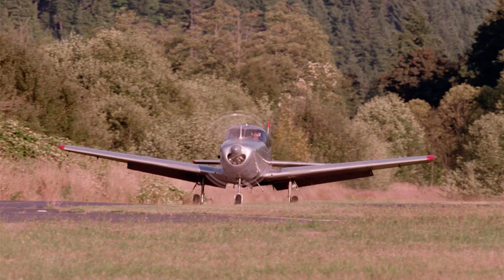 Airplane landing against a backdrop of trees