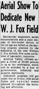 Newspaper article about W.J. Fox Field from November 13, 1959