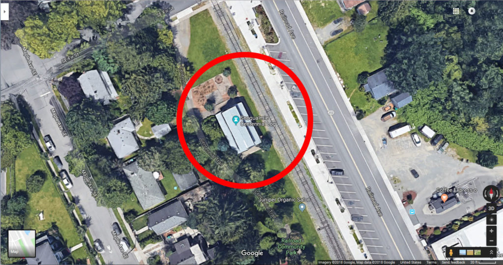 Google Maps aerial view of the location for the Centennial Log marked by a red circle.