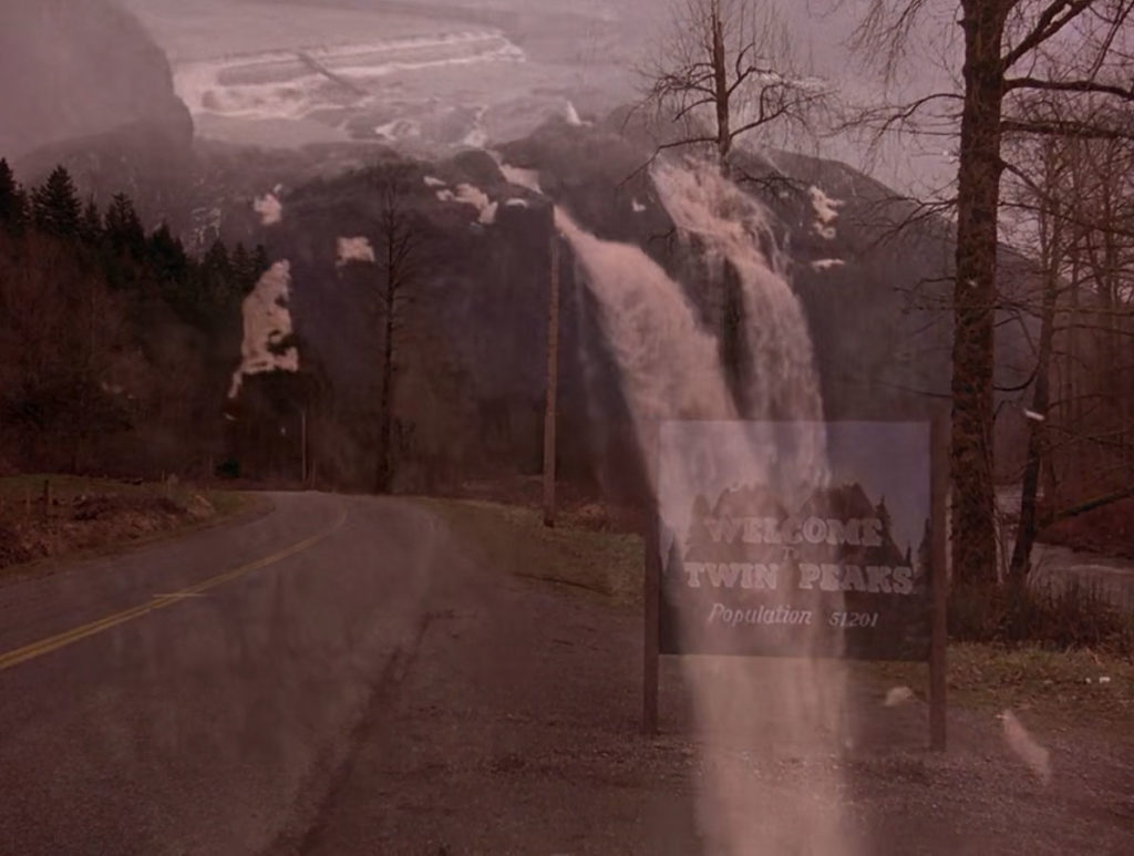 Water fall with superimposed image of Welcome to Twin Peaks sign