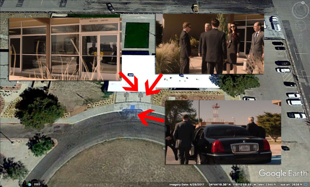 Aerial view of airport with Twin Peaks scenes inserted over specific locations