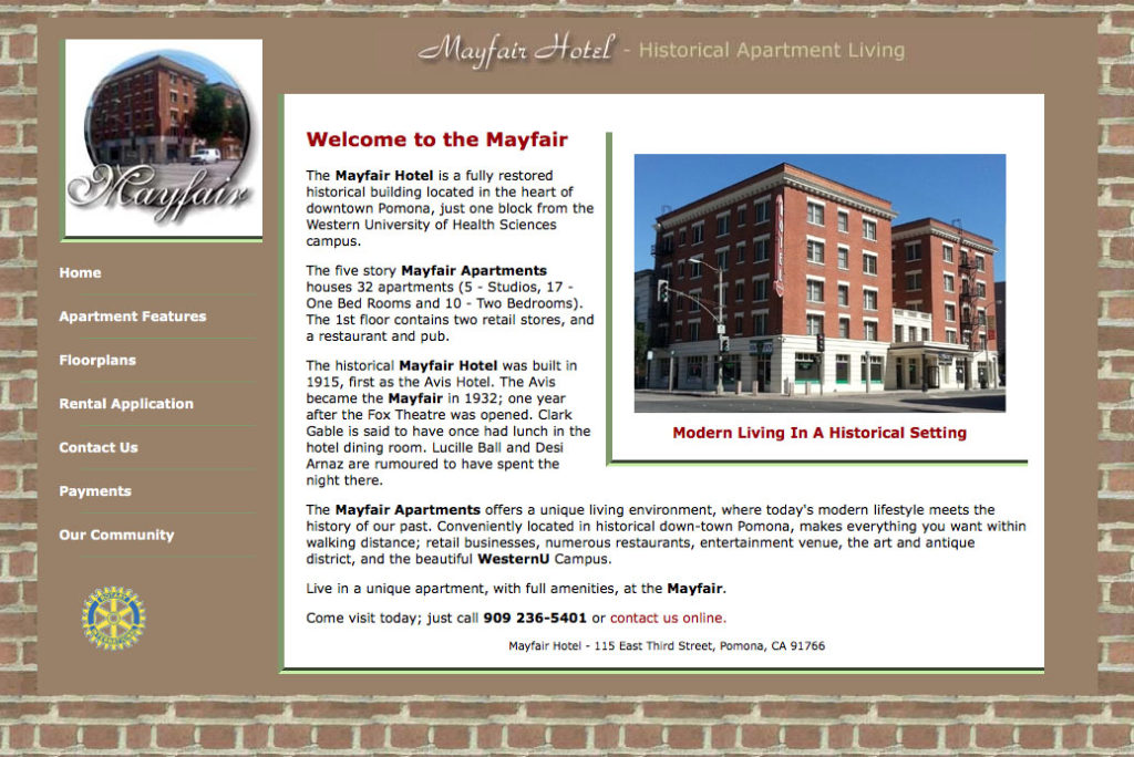 Mayfair Hotel webpage