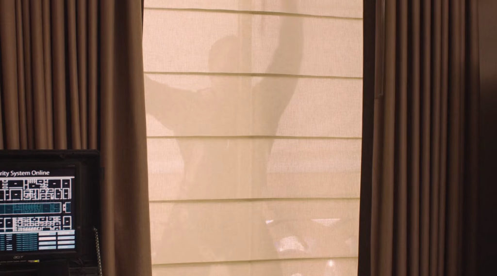 Window washer seen through curtains in hotel room