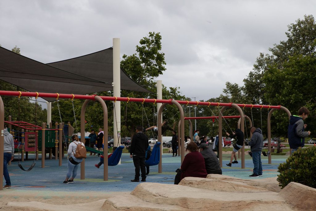 Park with playground equipment and sand