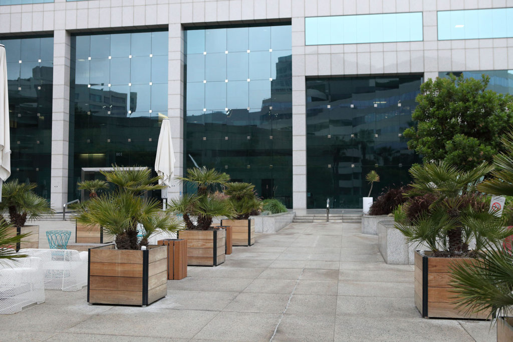 Courtyard with wooden planters in front of office building