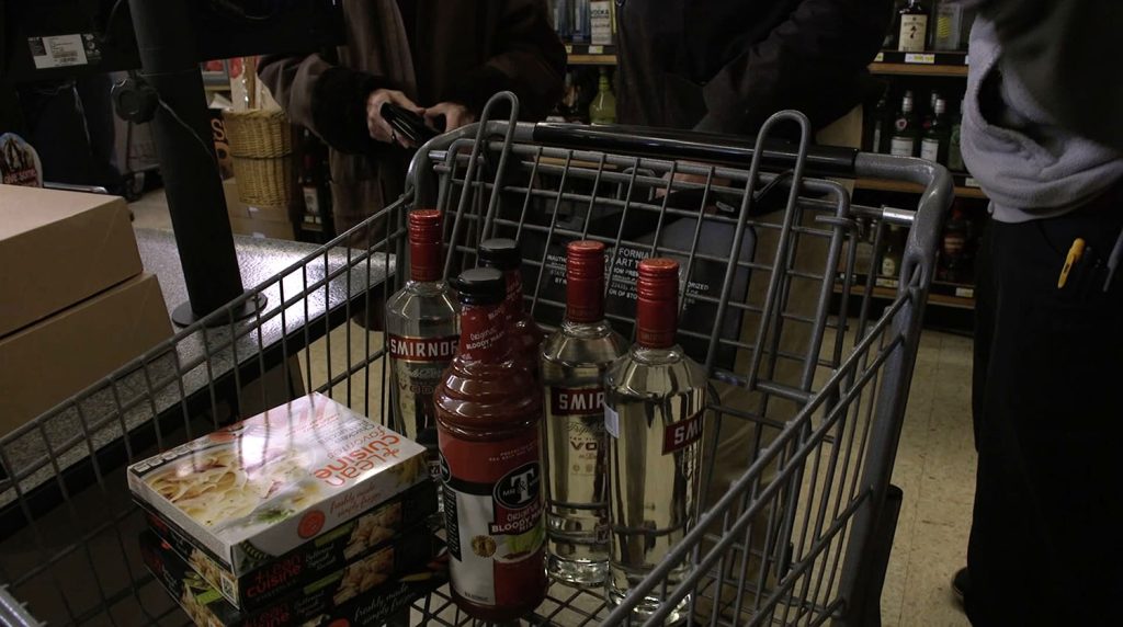 Grocery cart with alcohol and Lean Cuisine meals