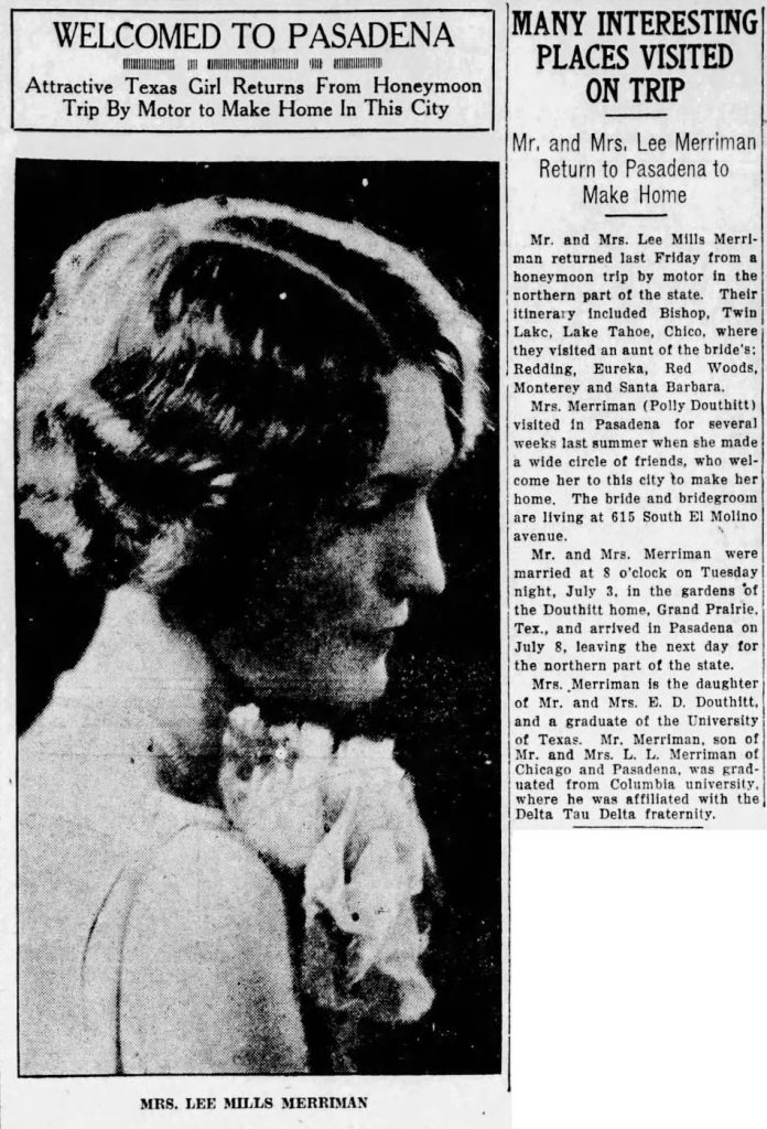 Newspaper article about Merriman marriage and honeymoon