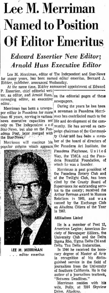 Newspaper article about Lee Merriman