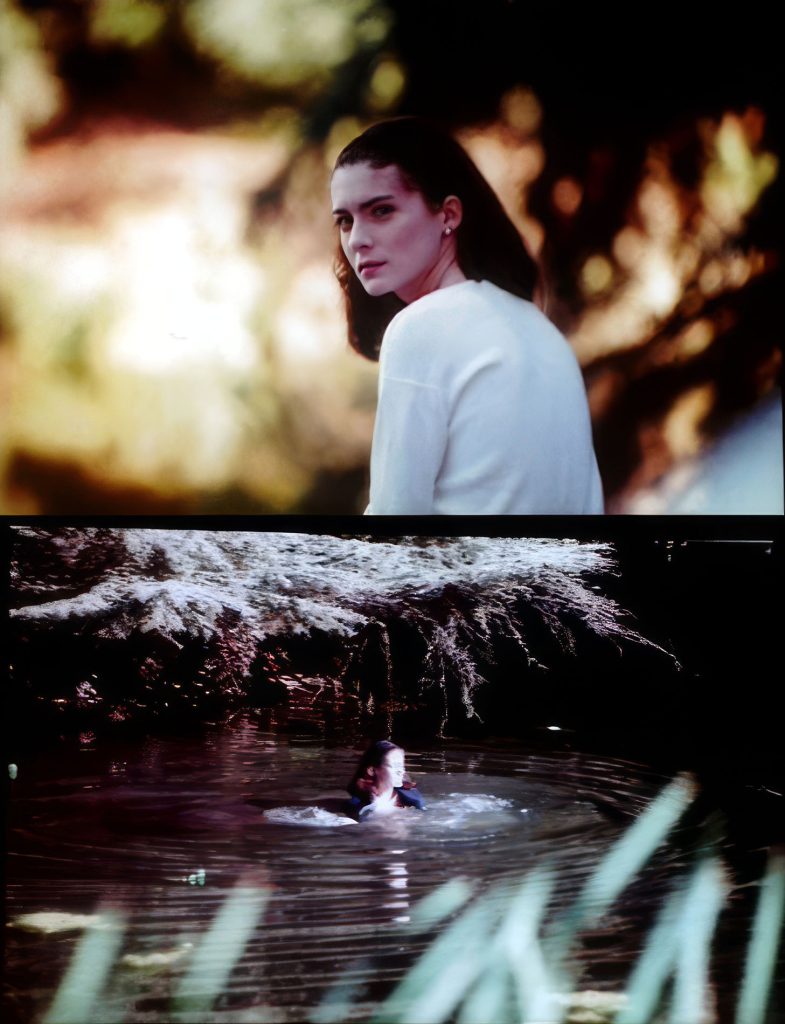 Two Images of Donna Hayward sitting on a bench and swimming in the lake