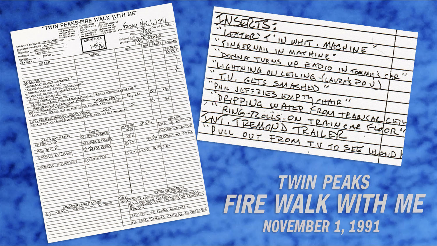 Two images of call sheets from Twin Peaks: Fire Walk With Me