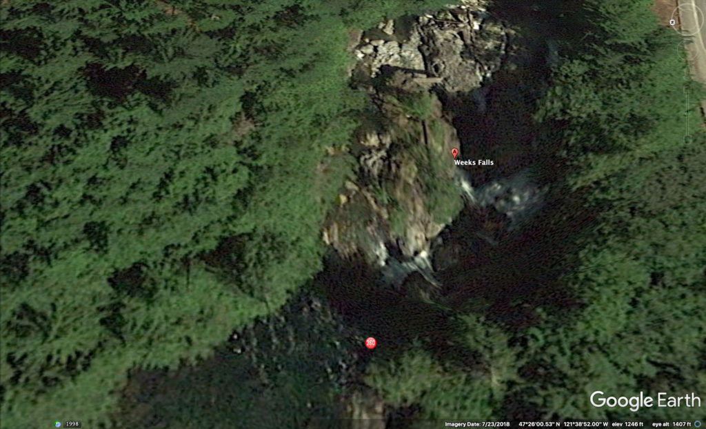 Google Earth Aerial shot of woods and trees and waterfall