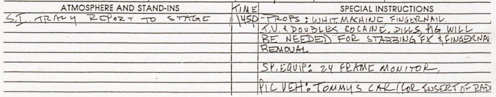 Additional details from Nov. 1, 1991 Call Sheet