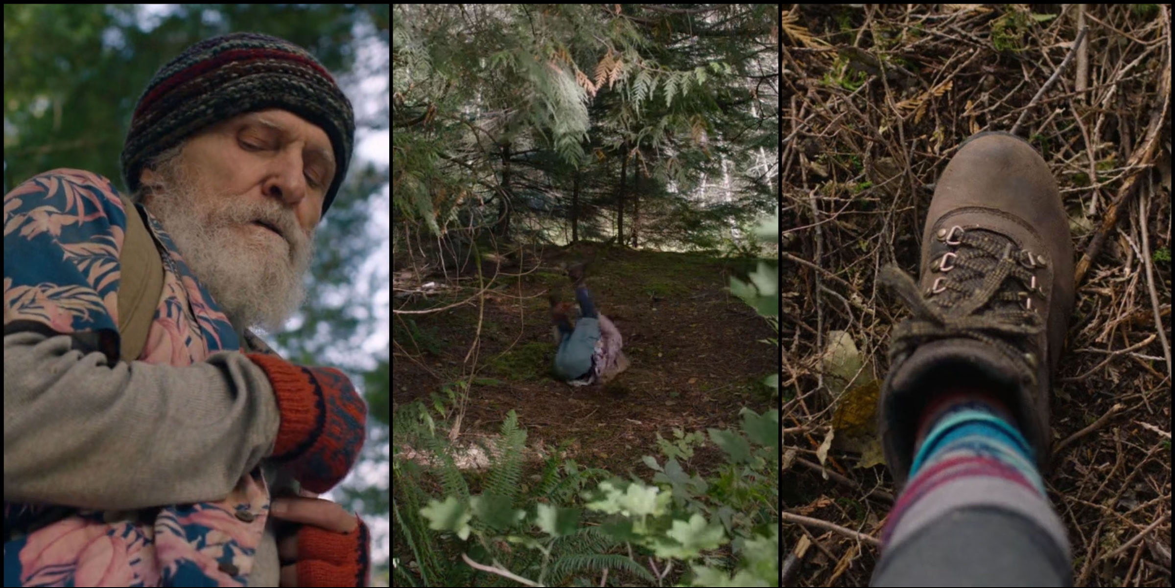 Collage of three images of Jerry Horne in the woods
