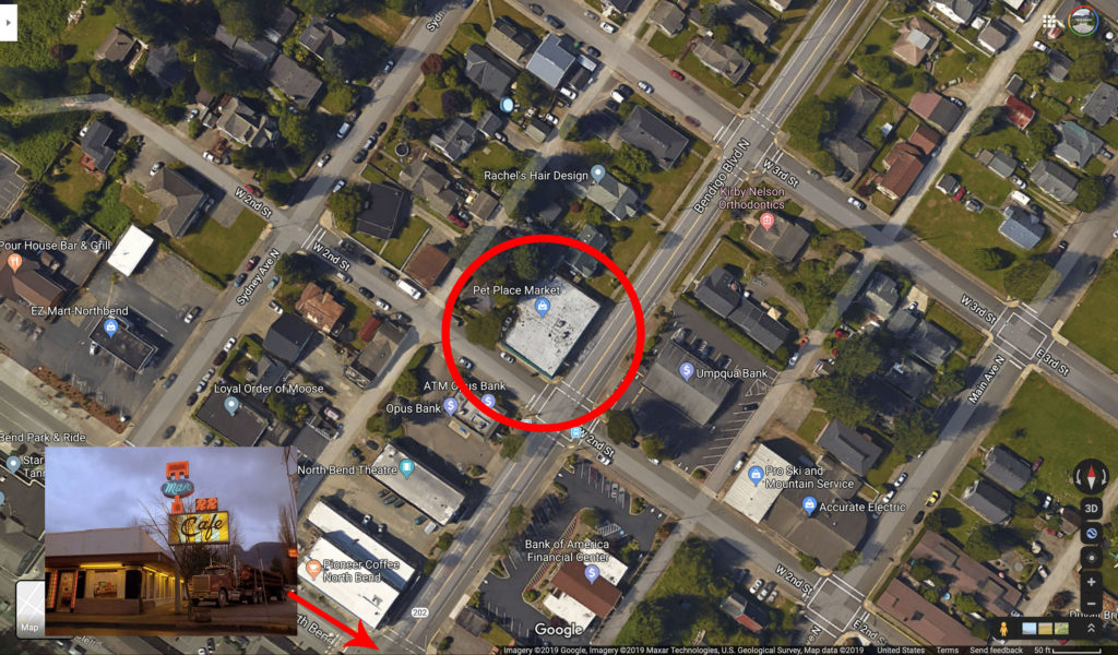 Google Maps aerial view of the Alpine Blossom and Gift Shoppe in relation to Twede's Cafe in North Bend, Washington.