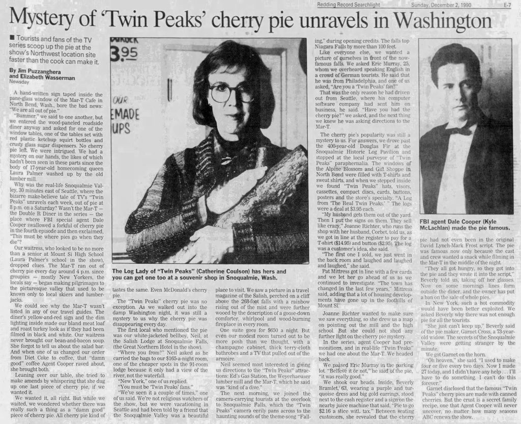 Newspaper article about Twin Peaks with images of the Log Lady and Special Agent Dale Cooper