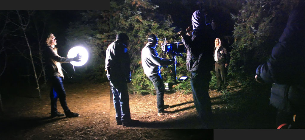 Behind the Curtain - Crew directing Hawk in the woods