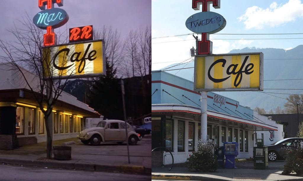 Double R Diner exterior in February 1989 vs. Twede's Cafe exterior in October 2019