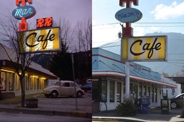 Double R Diner exterior in February 1989 vs. Twede's Cafe exterior in October 2019