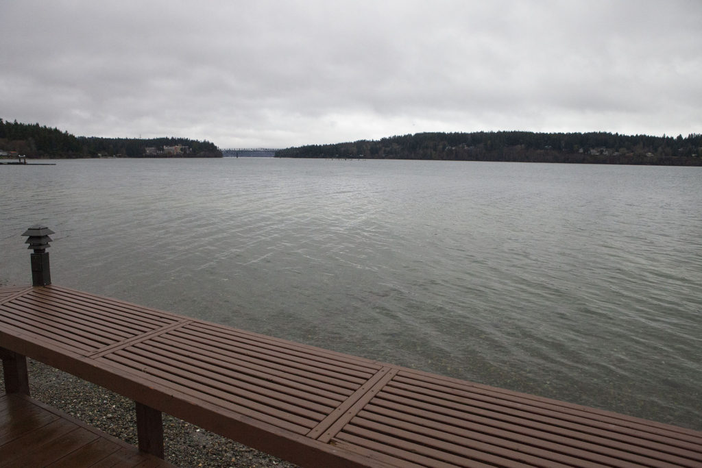 Pete's view of the water and hills from the fishing deck from Part 17 at Kiana Lodge in Poulsbo, Washington.
