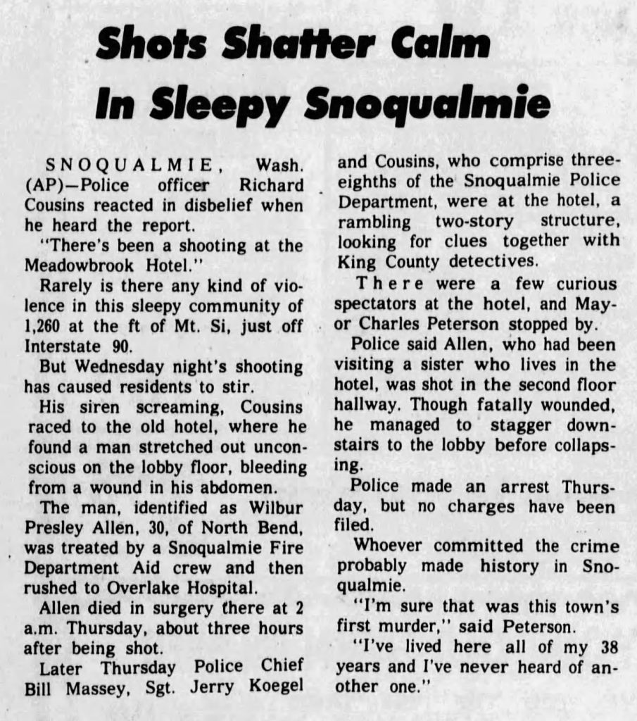 Newspaper article from May 7, 1976 about a shooting at the Meadowbrook Hotel