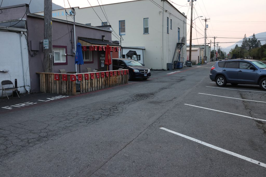 Behind buildings in North Bend, Washington