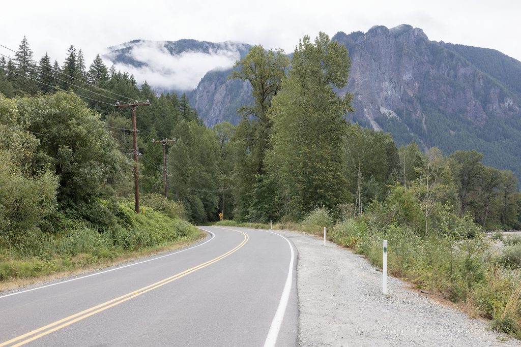 Road passing by trees with mountain in the distance