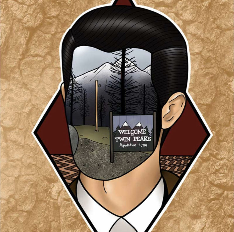 Artwork of Dale Cooper with Welcome to Twin Peaks sign in his face