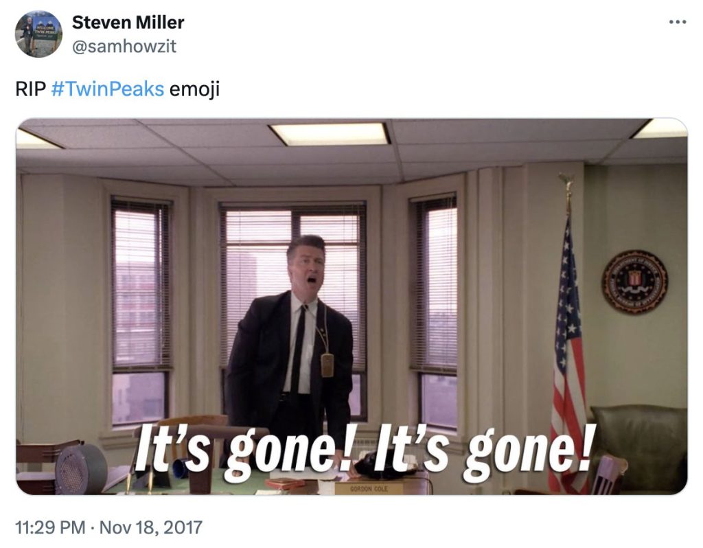 Screencap of a Tweet announcing the Twin Peaks Emoji was gone