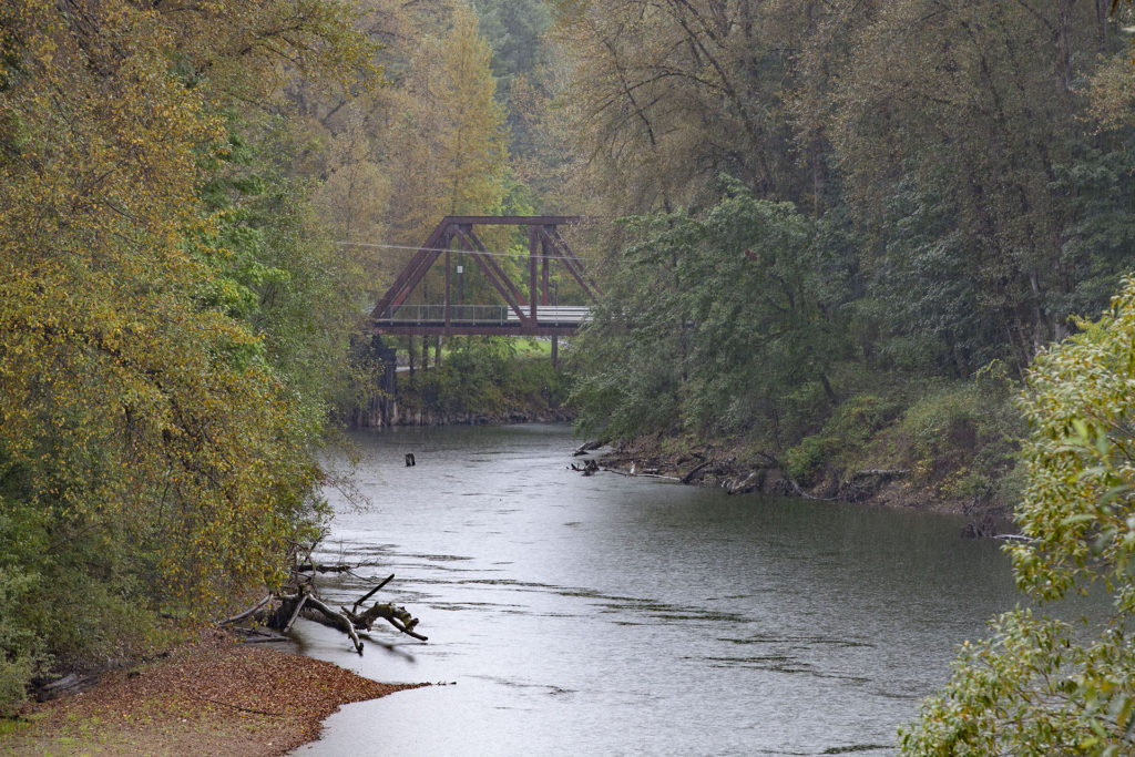 View of bridge with autumn trees and river