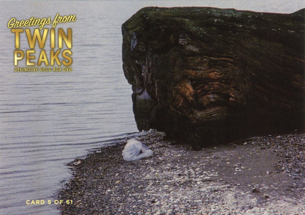 Greetings from Twin Peaks DVD Postcards body wrapped in plastic next to giant log