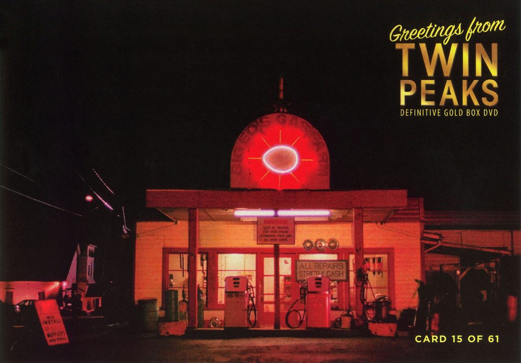 Greetings from Twin Peaks DVD Postcard Big Ed's gas station at night with neon sign