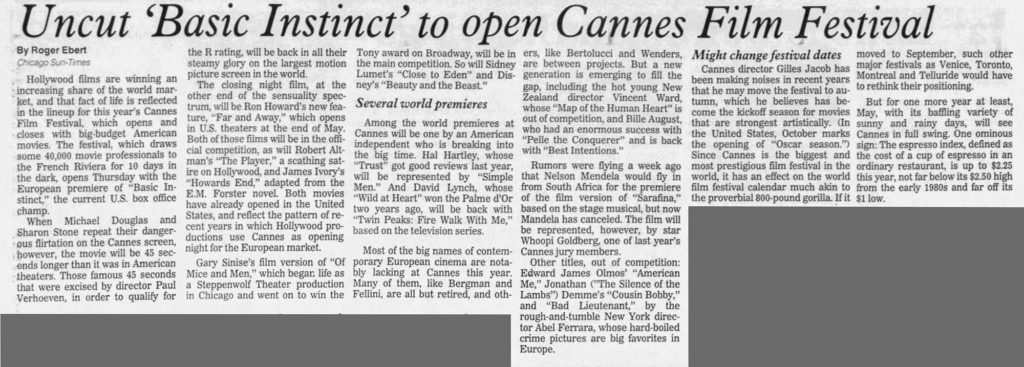 Newspaper article in The Dispatch on May 3, 1992 about the Cannes Film Festival line up