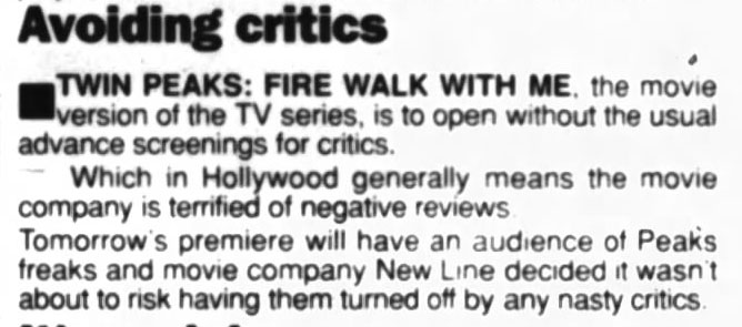 Article about no advanced screenings of Twin Peaks: Fire Walk With Me published on August 27, 1992 in the Evening Chronicle