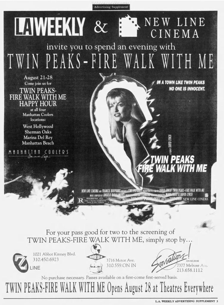 Black and white newspaper advertisement for Happy Hour at Manhattan Coolers which includes an image of Laura Palmer in a half heart necklace on fire.